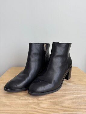 Black Leather Ankle Booties with Side Zip and Block Heel